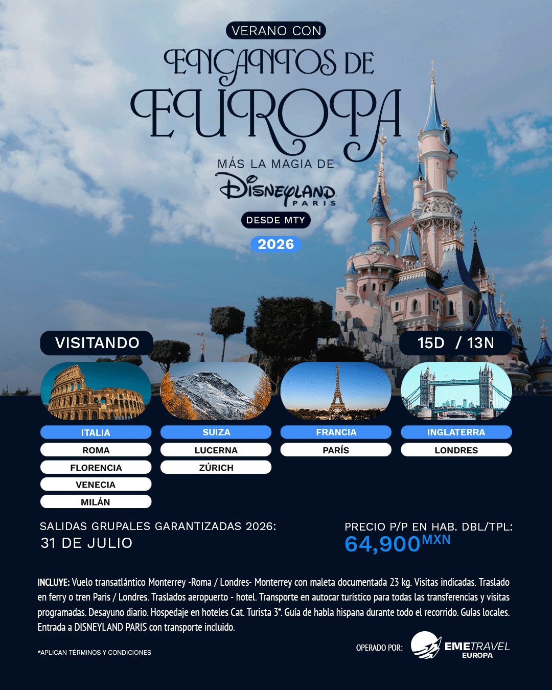 Verano con Encantos de Europa con Disney desde Monterrey